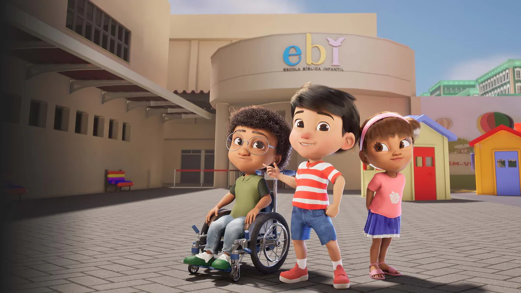 Animação com três crianças sorrindo em frente ao prédio da Escola Bíblica Infantil, uma delas em cadeira de rodas